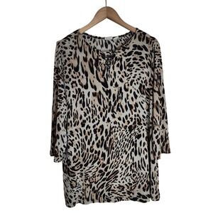 Chico's Travelers Blouse Top Women's‎ 2 (12/14) Animal Print V-Neck Travel Brown